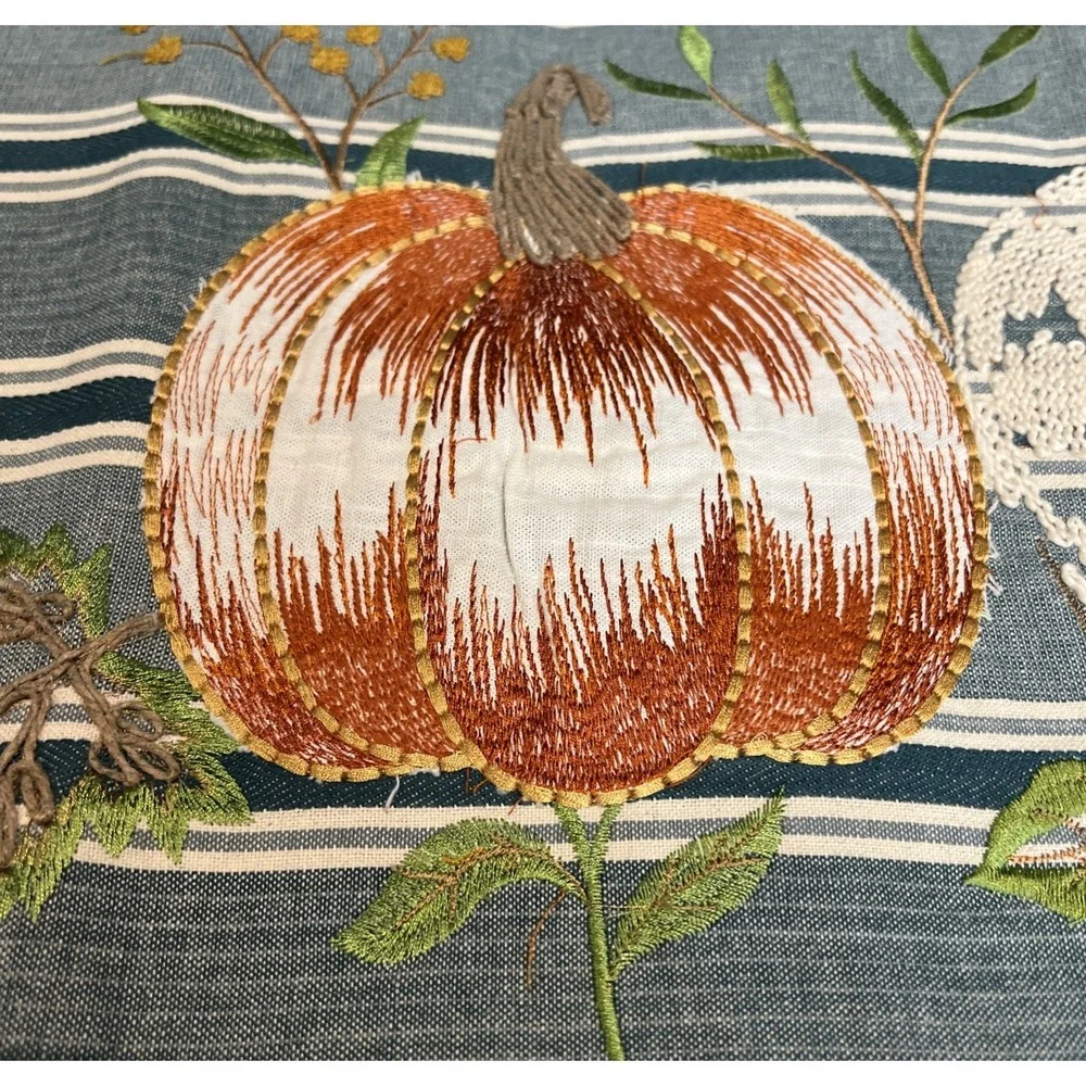 Bountiful Fall Harvest Pumpkins Embroidered Decorative Table Runner‎ BLUE 72x16
